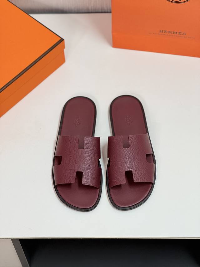 Hermès 真皮底p Size 38-44 45.46.47定制 爱马仕最高品质经典h拖鞋～高端男士凉鞋沙滩鞋拖鞋～专柜同步～原单代购货！原版进口鞋面牛皮内里