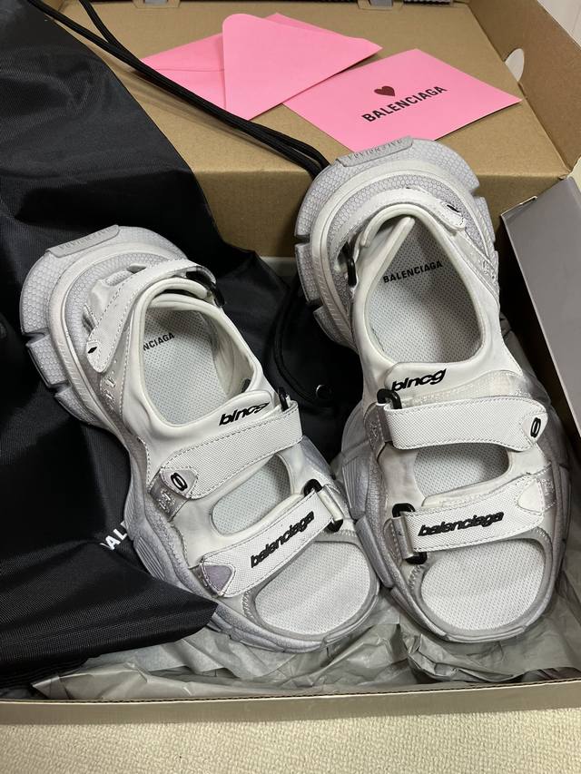 情侣款 法国高端奢侈品牌-巴黎世家balenciaga 3Xl Sandals 3+系列低帮复古阔型底姥爹风潮流百搭休闲运动魔术贴凉鞋“浅灰黑做旧”标准码 男女