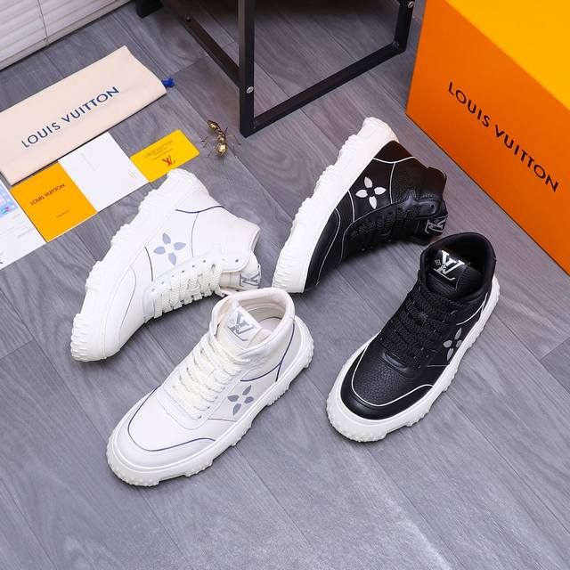 商品商标：LOUIS VUITTON 路易威登 高帮休闲鞋 正码码数: 38-44 商品材料：精选 牛皮拼接鞋面 牛皮内里 橡胶大底