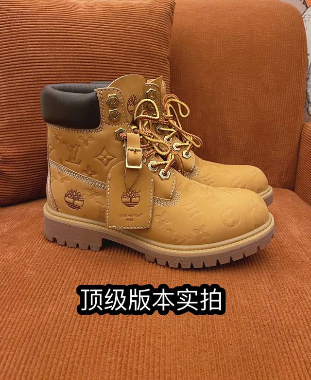 顶级版本：情侣款 LV x Timberland 添柏岚 联名款 老花 压花 大黄靴 及踝靴 短靴 LV x Timberland 及踝靴取材 Monogram