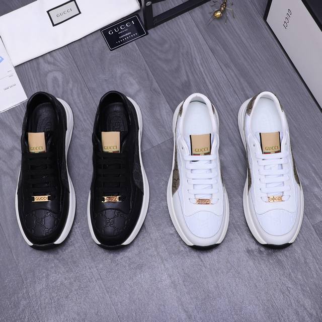 商品商标：GUCCI 古驰 休闲鞋 正码码数: 38-44 商品材料：精选牛皮拼接鞋面 羊皮内里 橡胶大底