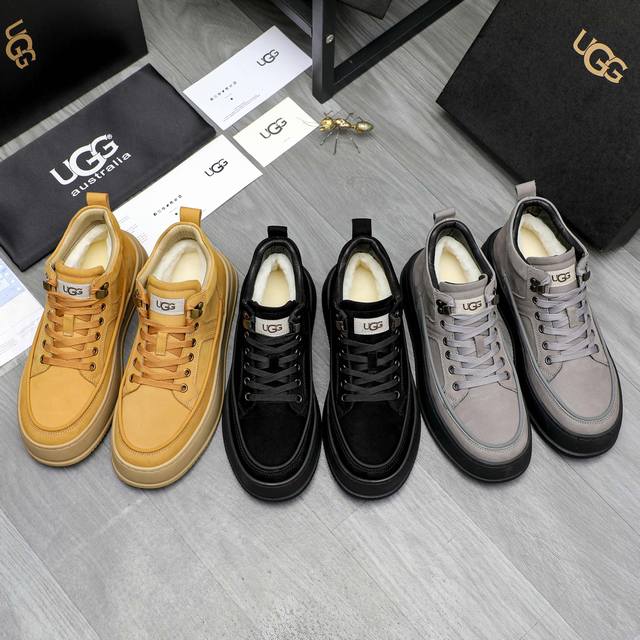 商品商标： UGG 高邦男鞋 正码码数: 39-44 商品材料：精选 磨砂牛皮鞋面 羊毛内里 原版大底