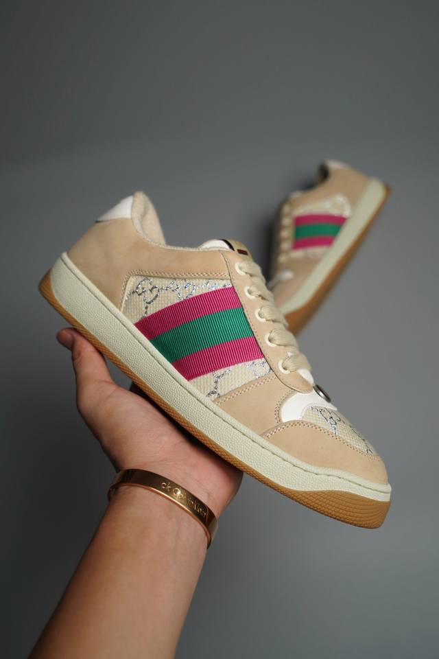 纯原版本 Gucci Distressed Screener sneaker古驰小脏鞋系列 经典原型复古百搭做旧老爹板鞋 复古学院风 怀旧版 原版原盒 全进口牛