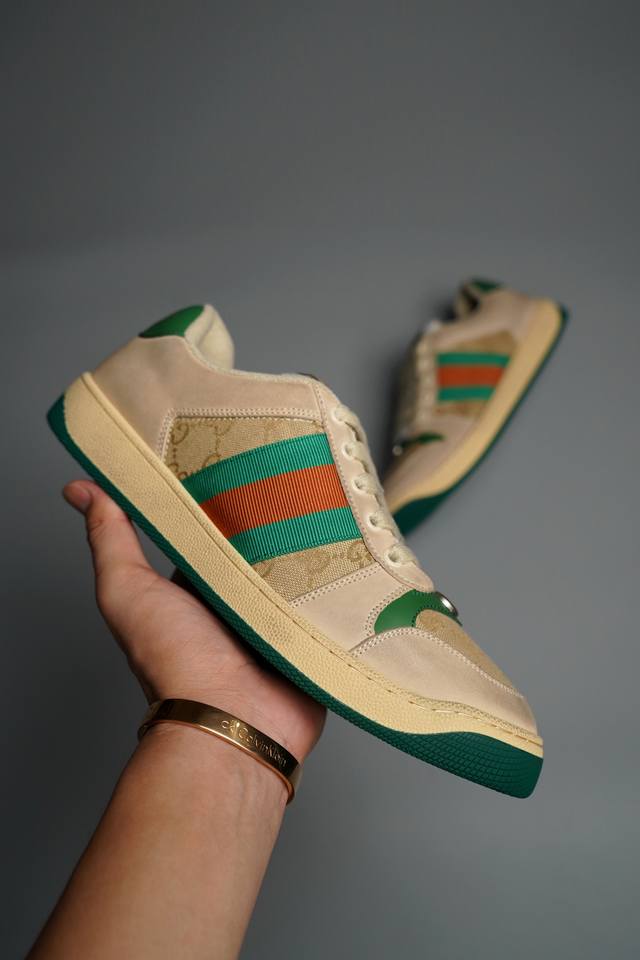 纯原版本 Gucci Distressed Screener sneaker古驰小脏鞋系列 经典原型复古百搭做旧老爹板鞋 复古学院风 怀旧版 原版原盒 全进口牛