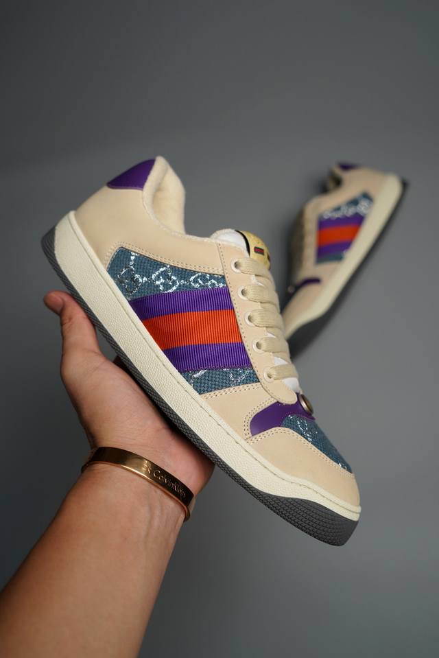 纯原版本 Gucci Distressed Screener sneaker古驰小脏鞋系列 经典原型复古百搭做旧老爹板鞋 复古学院风 怀旧版 原版原盒 全进口牛