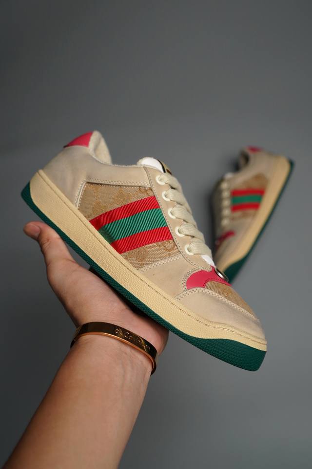 纯原版本 Gucci Distressed Screener sneaker古驰小脏鞋系列 经典原型复古百搭做旧老爹板鞋 复古学院风 怀旧版 原版原盒 全进口牛