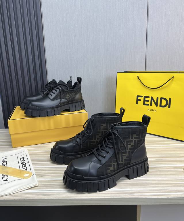 工厂价 Fendi.芬迪 官网男士最新马丁靴.黑色牛皮拼接品牌面料材质，牛里 。原单品质，1:1复刻原版防滑耐磨大底 Size:38-44 38.45定做