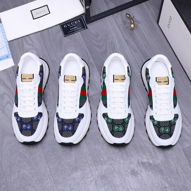 商品商标：Gucci 古驰 休闲鞋 正码码数: 38-44 商品材料：精选牛皮拼接鞋面 羊皮内里 橡胶大底