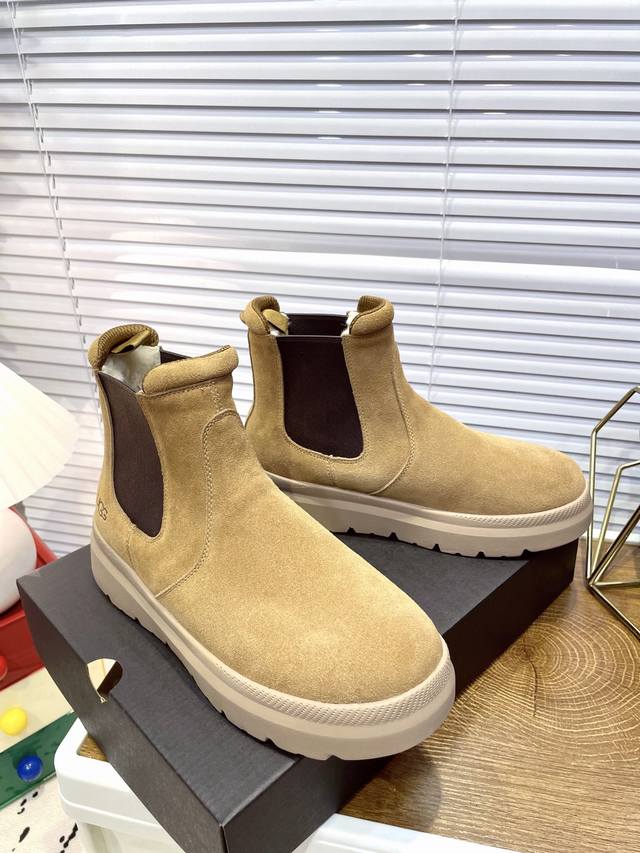 ugg Size：码数:39-45 Ugg2024秋季新款男士舒适平底圆头时尚短靴休闲切尔西靴 款号1152050 牛皮磨砂面+内里真羊毛+发泡大底