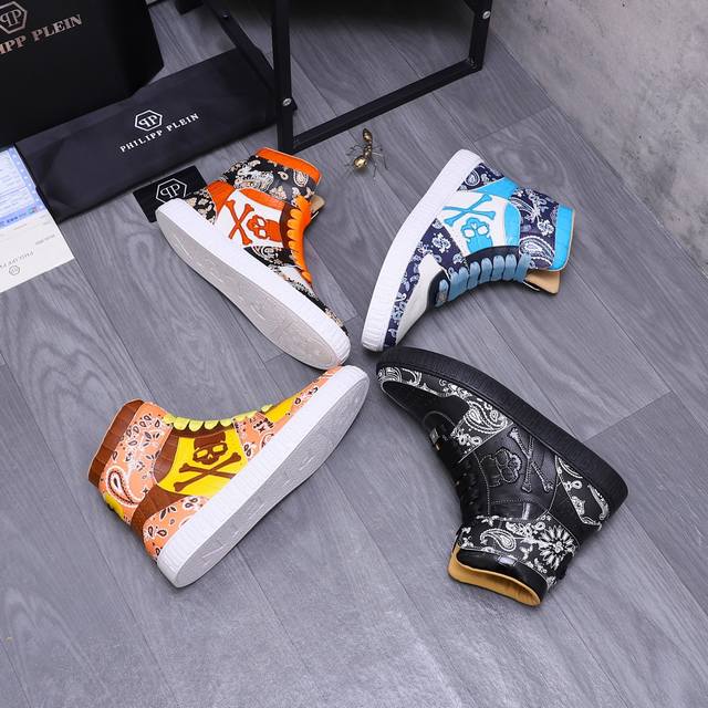 商品商标：Philipp Plein 菲利普-普莱茵 高帮休闲鞋 正码码数: 38-44 商品材料：精选 牛皮拼接鞋面 皮内里 原版大底