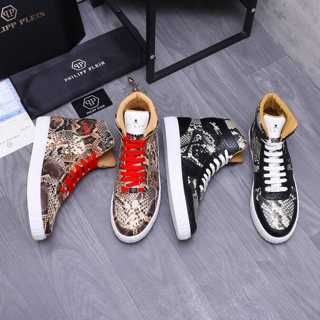 商品商标：Philipp Plein 菲利普-普莱茵 高帮休闲鞋 正码码数: 38-44 商品材料：精选 蛇紋牛皮鞋面 皮内里 原版大底