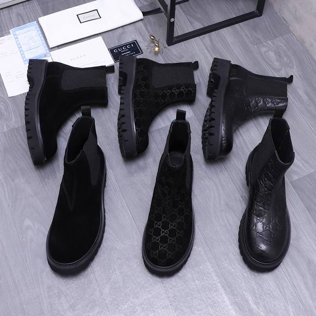 商品商标：Gucci 古驰 高帮皮鞋 正码码数: 38－45 商品材料：精选压紋牛皮拼接鞋面 牛皮内里 橡胶大底