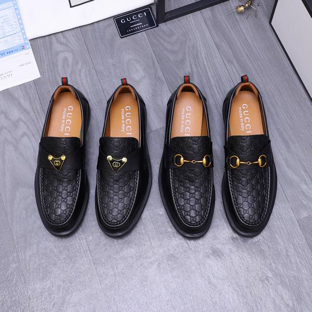 商品商标：Gucci 古驰 商务休闲皮鞋正码码数: 38-44商品材料：精选牛皮压纹鞋面 羊皮内里 橡胶大底