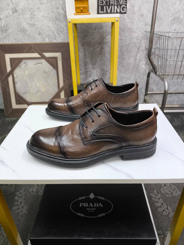 Prada-普拉达 高级感皮鞋，进口工艺原版牛皮材质，真皮内里 高档舒适，原版大底轻盈耐磨！纯手工制作，细节决定品质！38-44 Xh