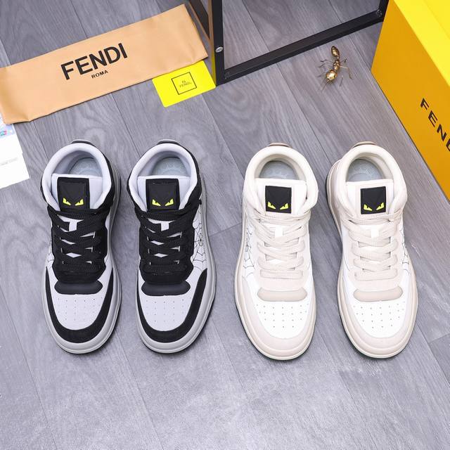 商品商标：Fendi 芬迪 高帮休闲鞋正码码数: 38-45商品材料：精选 牛皮拼接鞋面 网布内里 橡胶大底