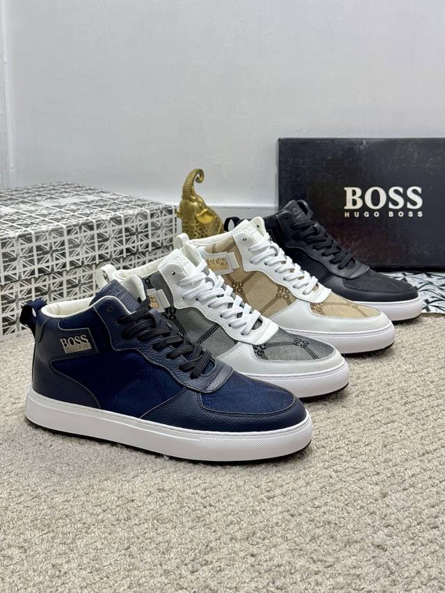 出厂价 实价 男士精品- Boss 新款高帮休闲鞋本款是官方主打经典款，1:1质量，原厂名师制作，采用帆布拼接牛皮舒适羊里内里 完美楦型，大方时尚的设计，多色可