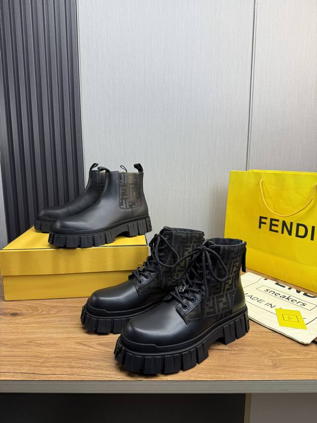 工厂价Fendi.芬迪 官网男士最新马丁靴.黑色牛皮拼接品牌面料材质，牛里 原单品质，1:1复刻原版防滑耐磨大底Size:38-44 38.45定做