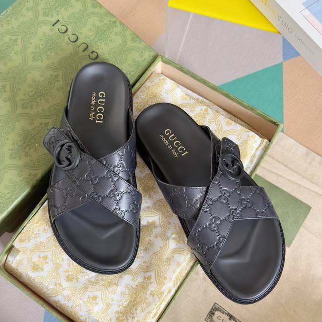 G家 P: Size:38-45 2024Gucci 古奇 夏季新款 双G 老花 夹脚 一字拖 交叉凉鞋 厚底 拖鞋 沙滩鞋原版购入开发 做货 G家2024夏季