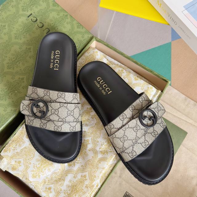 G家 P: Size:38-45 GUCC 古奇 原单品质 2024Gucci 古奇 夏季新款 双G 老花 夹脚 一字拖 交叉凉鞋 厚底 拖鞋 沙滩鞋原版购入开